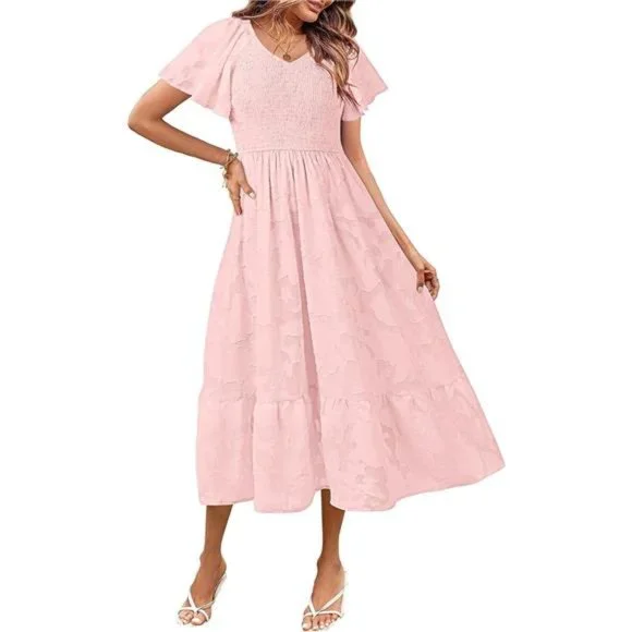 Dresses | Womens V Neck Ruffle Sleeve Floral Dress Lace Flowy Smocked Midi  Dresses | Poshmark